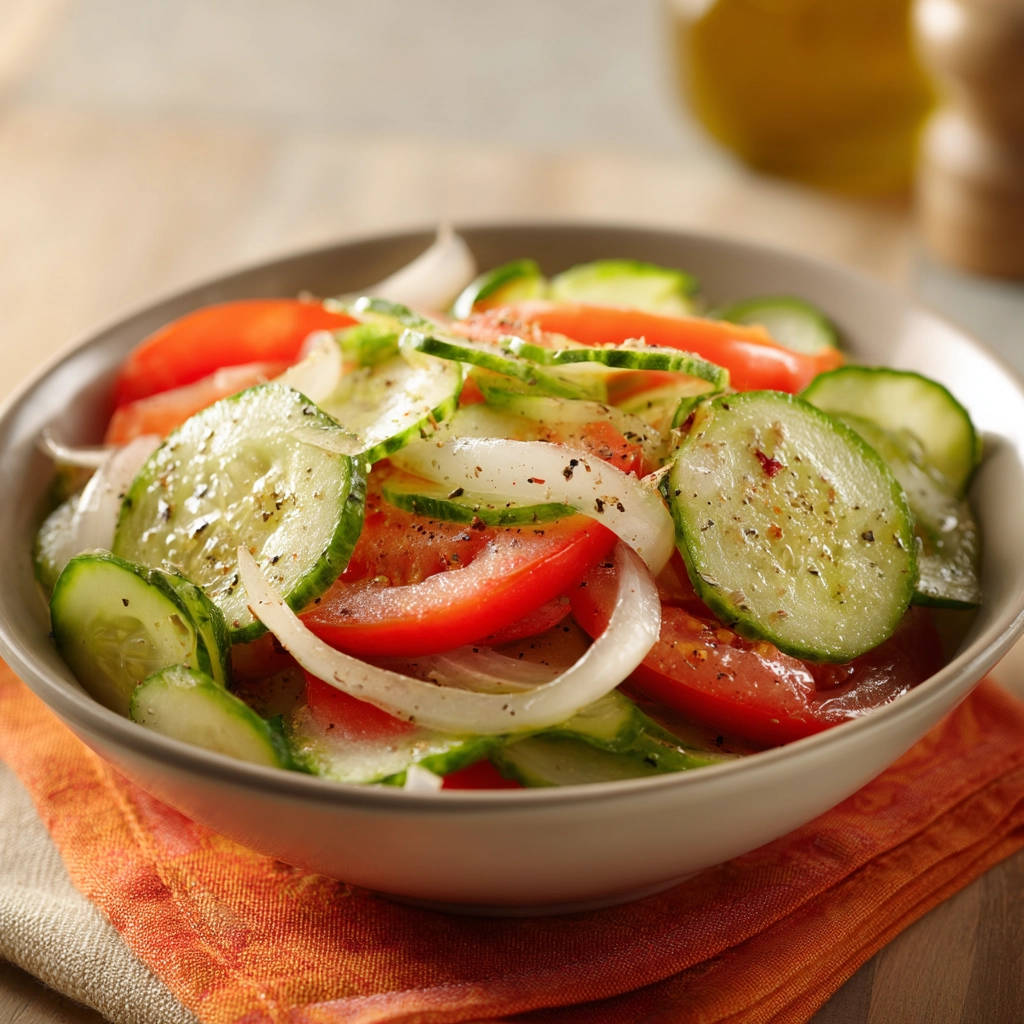 Simple Summer Salad: Never Watery! A Delicious Secret, shown close-up in a bowl with sliced cucumbers, tomatoes, and onions.