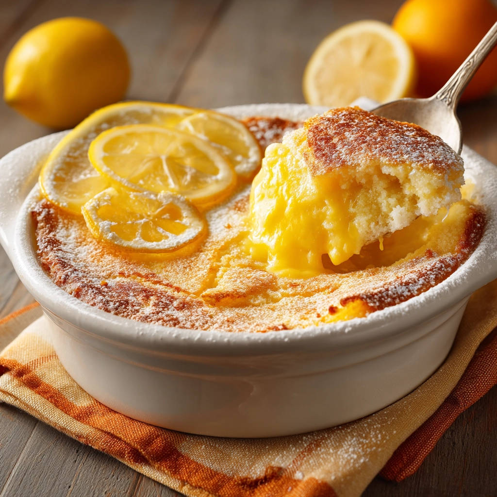 Sunny Lemon Pudding Cake with a spoonful being scooped out, revealing its layered texture and bright lemon filling.
