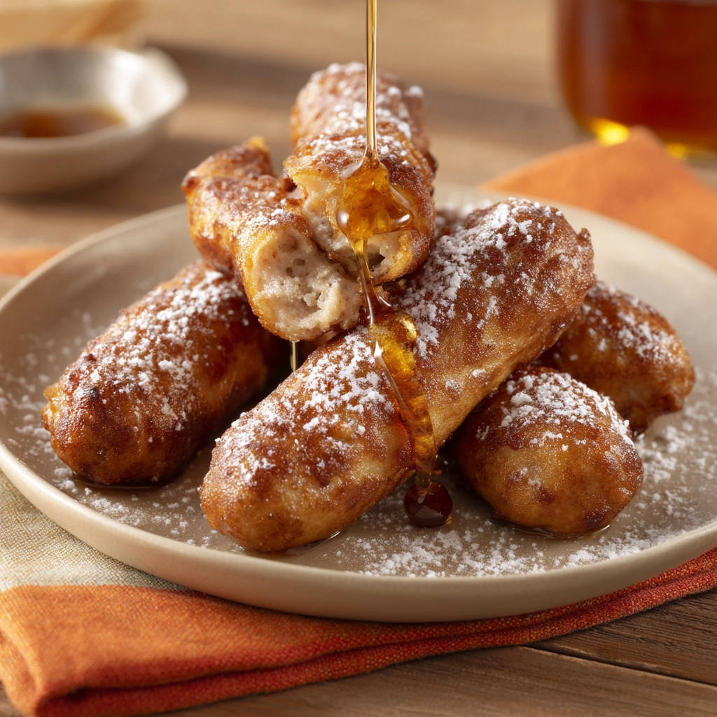 Sweet fried sticks with a syrup cross-section showing the perfect center, dusted with powdered sugar.
