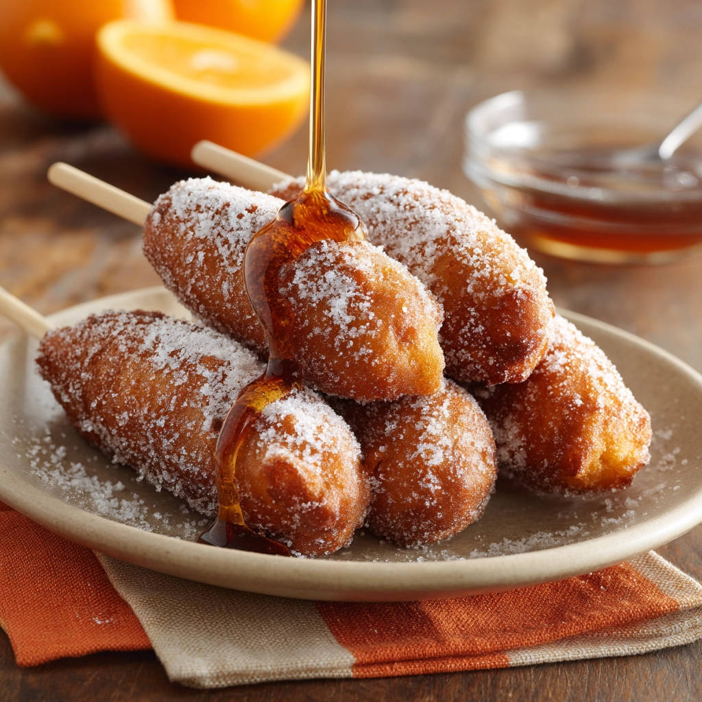 Sweet fried sticks with a drizzle of syrup and a dusting of sugar, shown in a close-up detail shot.
