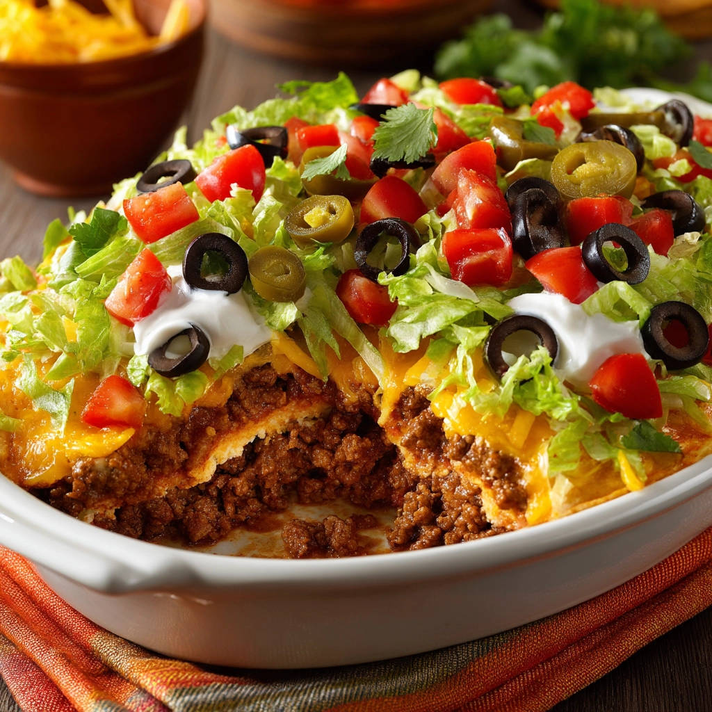 Taco casserole cross-section slice revealing layers of seasoned ground beef and melted cheese, topped with fresh lettuce, tomatoes, and olives.