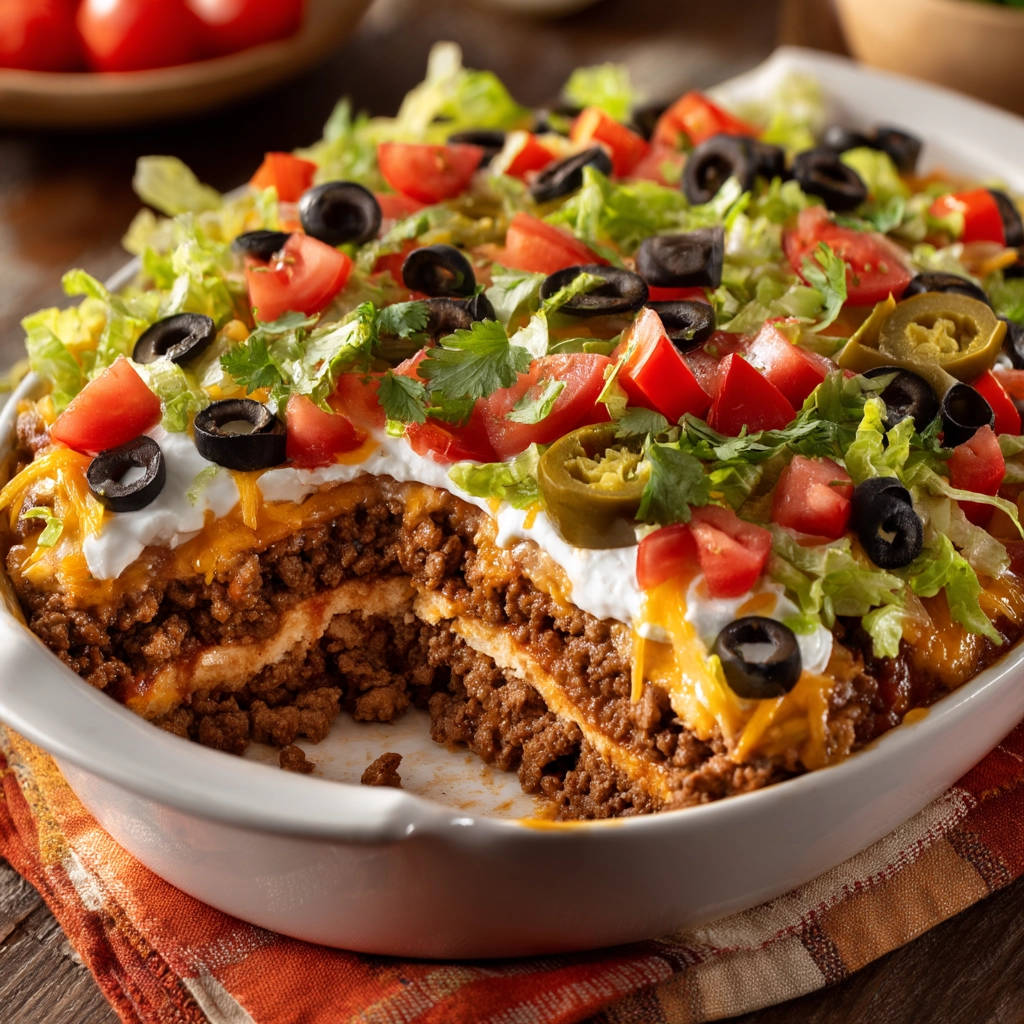 Taco casserole with a cross-section revealing layers and topped with lettuce, tomatoes, olives, and jalapeños.