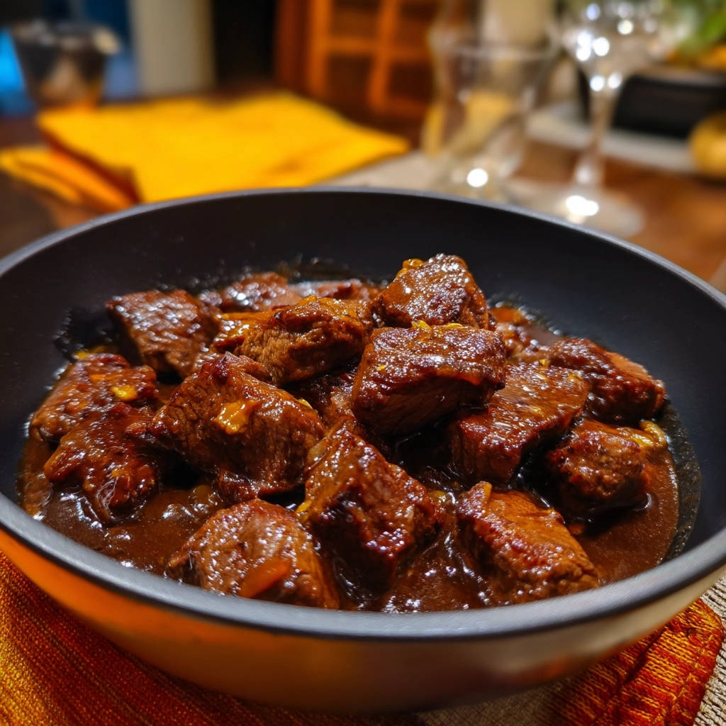 Tender beef chunks in rich sauce, a close-up view showcasing the moist texture and glistening glaze within a serving pan.