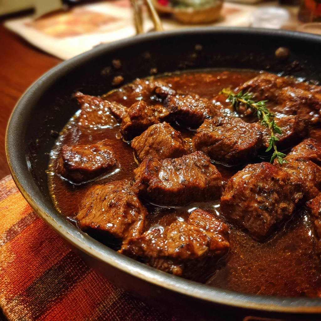 Tender beef chunks simmered in a rich sauce, showcased in a close-up view within a skillet.