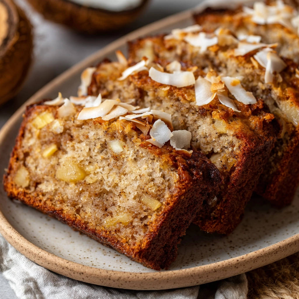 Tropical banana bread sliced on a plate, showcasing its moist interior and coconut topping.