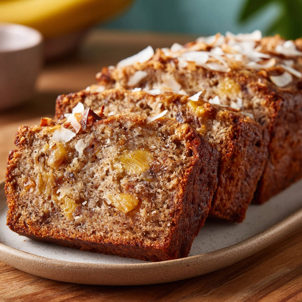 Tropical banana bread sliced to reveal a moist interior with pineapple chunks and toasted coconut flakes.