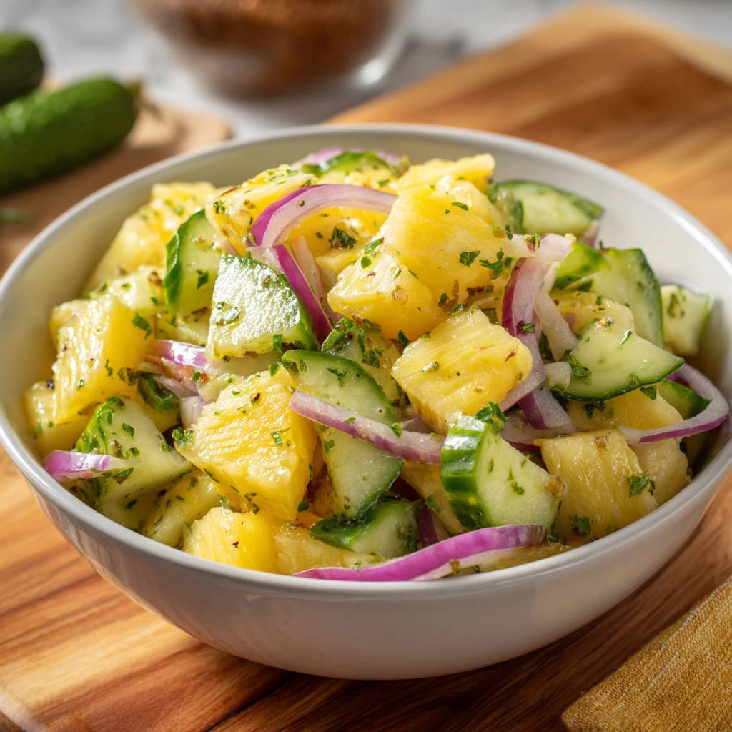 Tropical cucumber salad is served in a white bowl, showcasing a refreshing mix of pineapple, cucumber, and red onion.