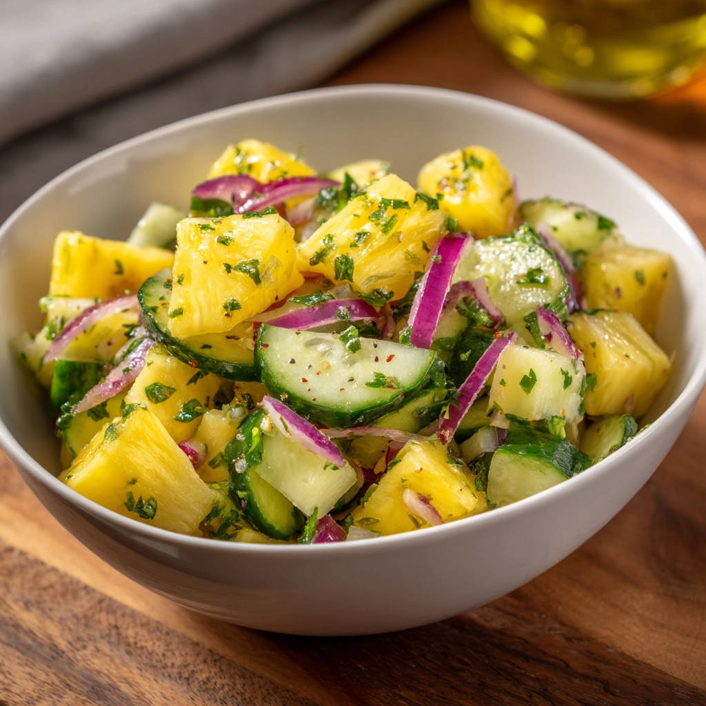 Tropical cucumber salad in a white bowl, featuring pineapple, cucumber, and red onion with fresh herbs, shown in a close-up view.