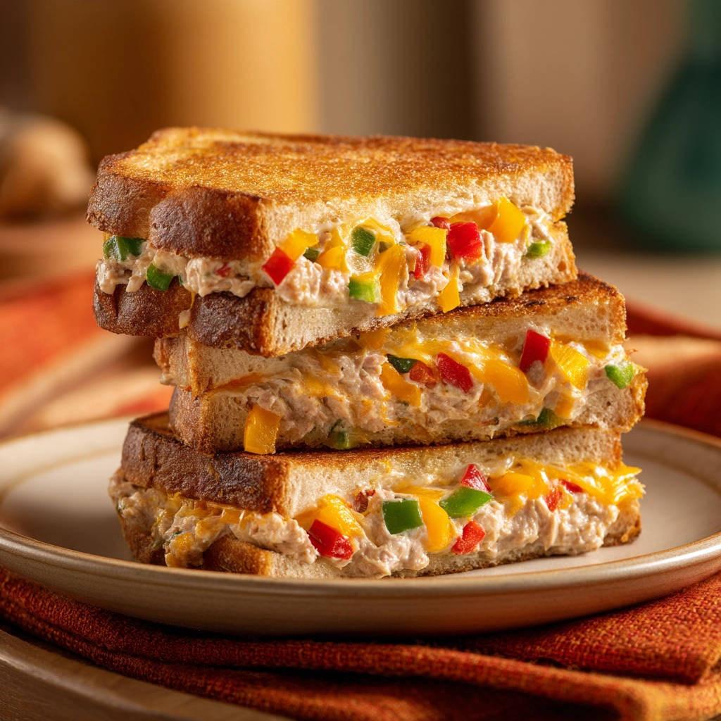 Tuna Melt Supreme shown in a stacked cross-section, revealing its savory filling and toasted bread.