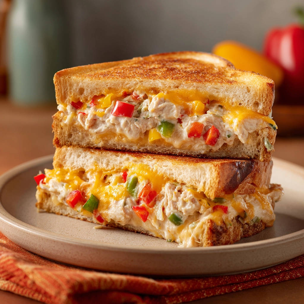 Tuna Melt Supreme stacked and sliced in a close-up revealing the cheesy filling with colorful chopped bell peppers.