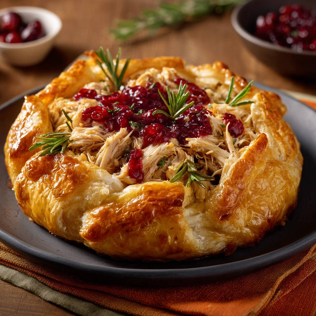 Turkey and cranberry galette with rosemary garnish and a glistening cranberry topping, presented in a close-up view.