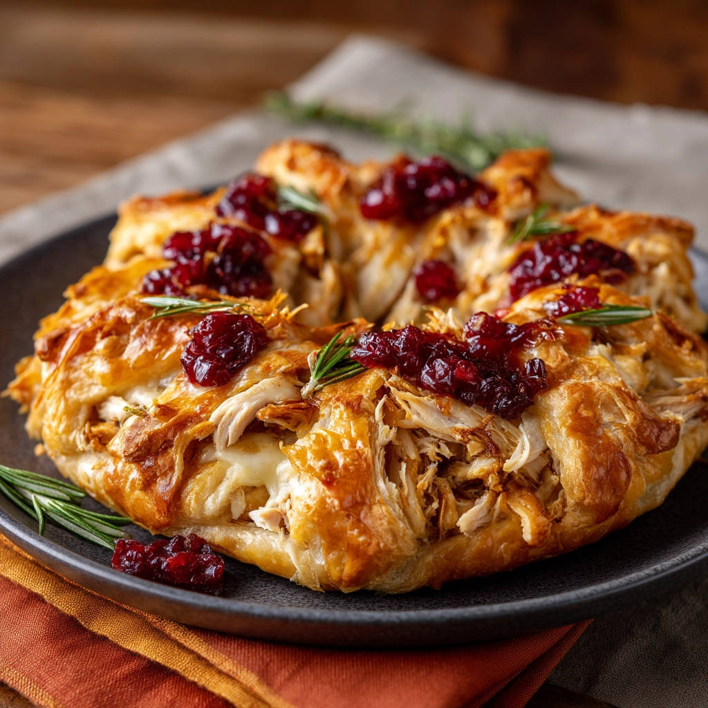 Turkey and cranberry galette close-up showing flaky pastry generously topped with cranberry sauce and fresh rosemary.