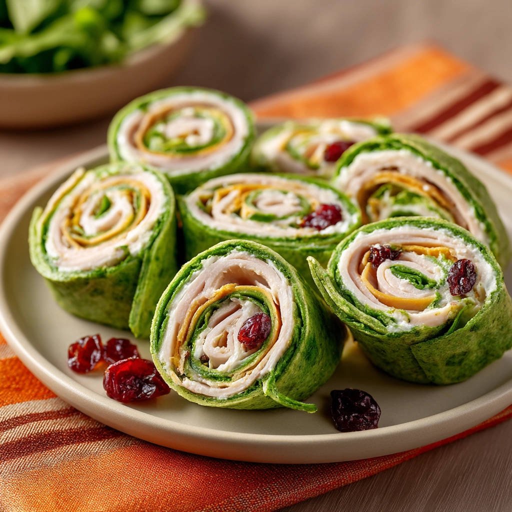 Turkey cranberry pinwheels shown in a close-up cross-section, highlighting the layers of turkey, cream cheese, and cranberries.