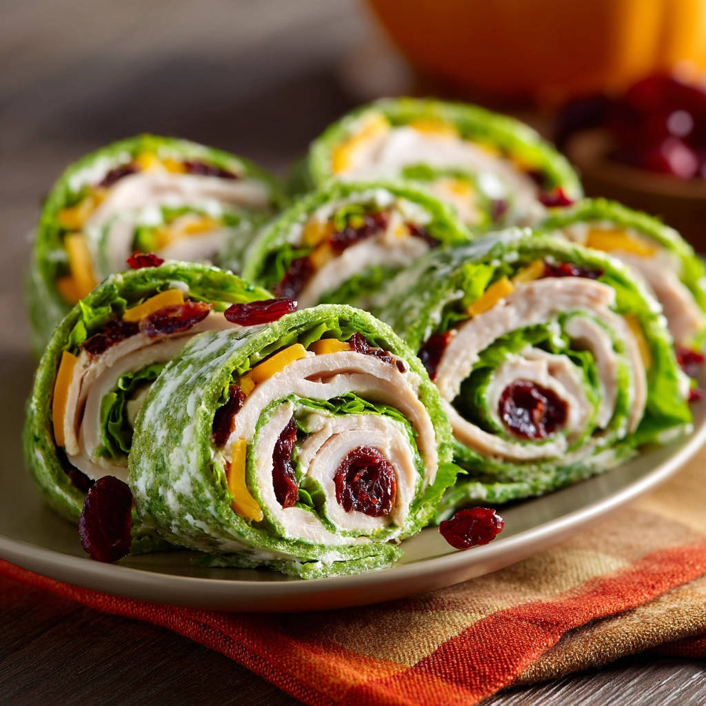 Turkey cranberry pinwheels shown in a close-up cross-section, highlighting the layers of turkey, cheese, and cranberries.