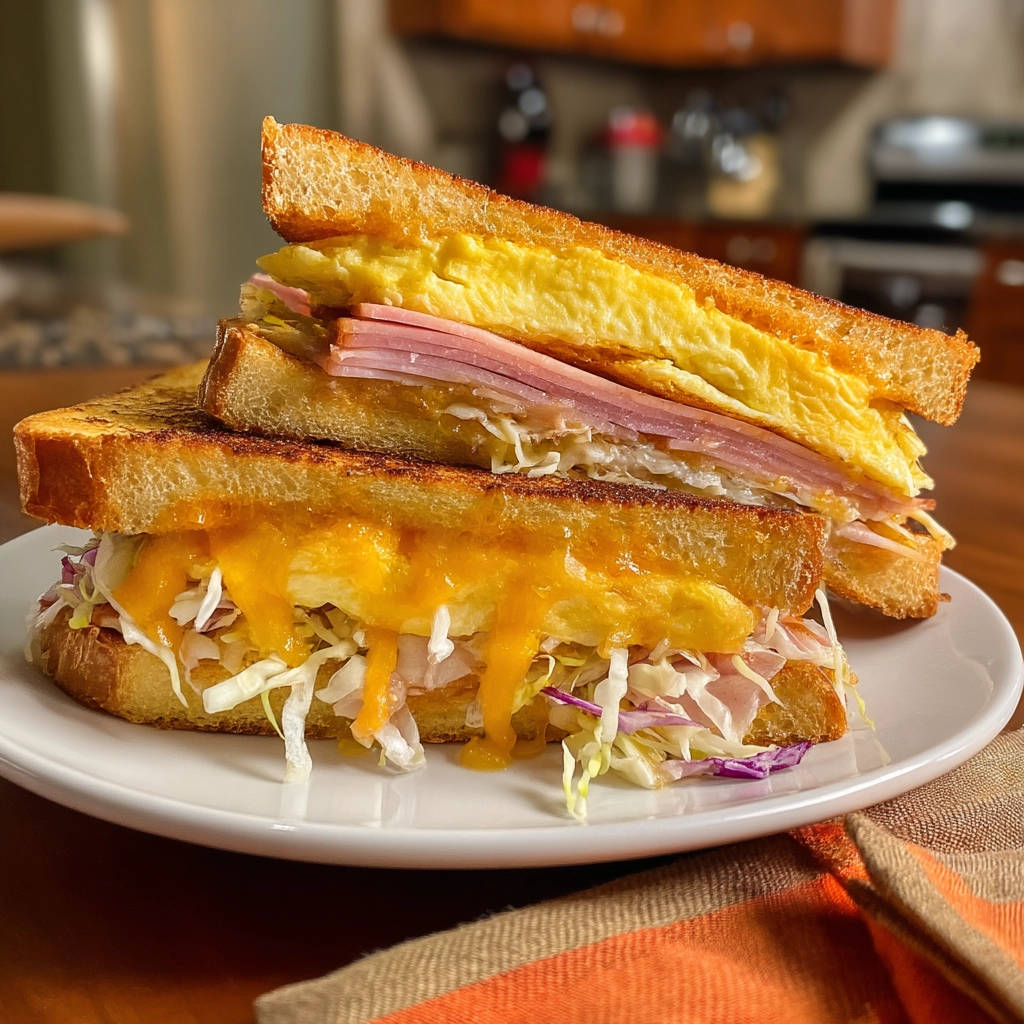 Ultimate breakfast melt stacked high, showing a cross-section of toasted bread, scrambled egg, ham, and coleslaw with melted cheese.