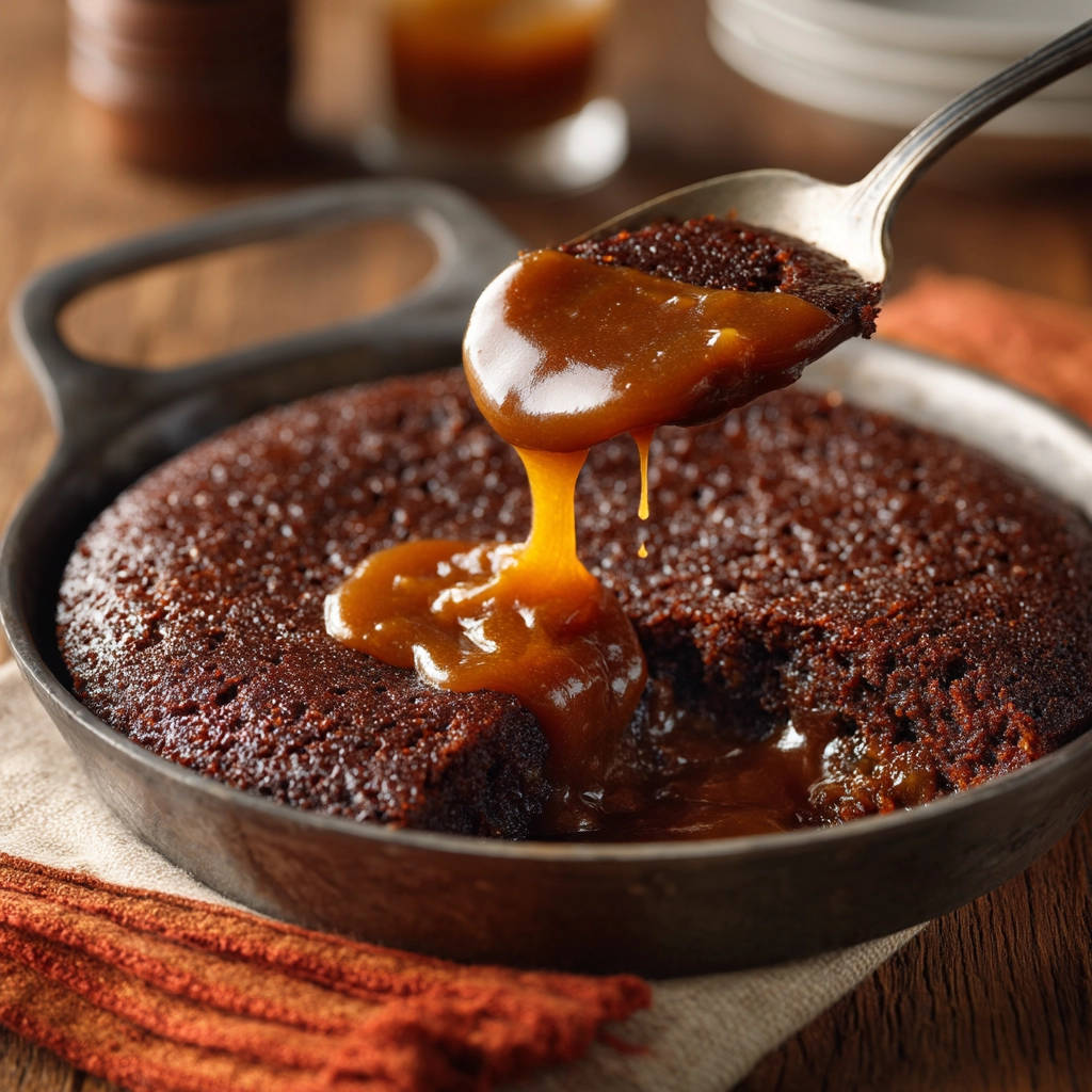 Ultimate date cake with a sticky caramel sauce being drizzled over the top from a spoon.