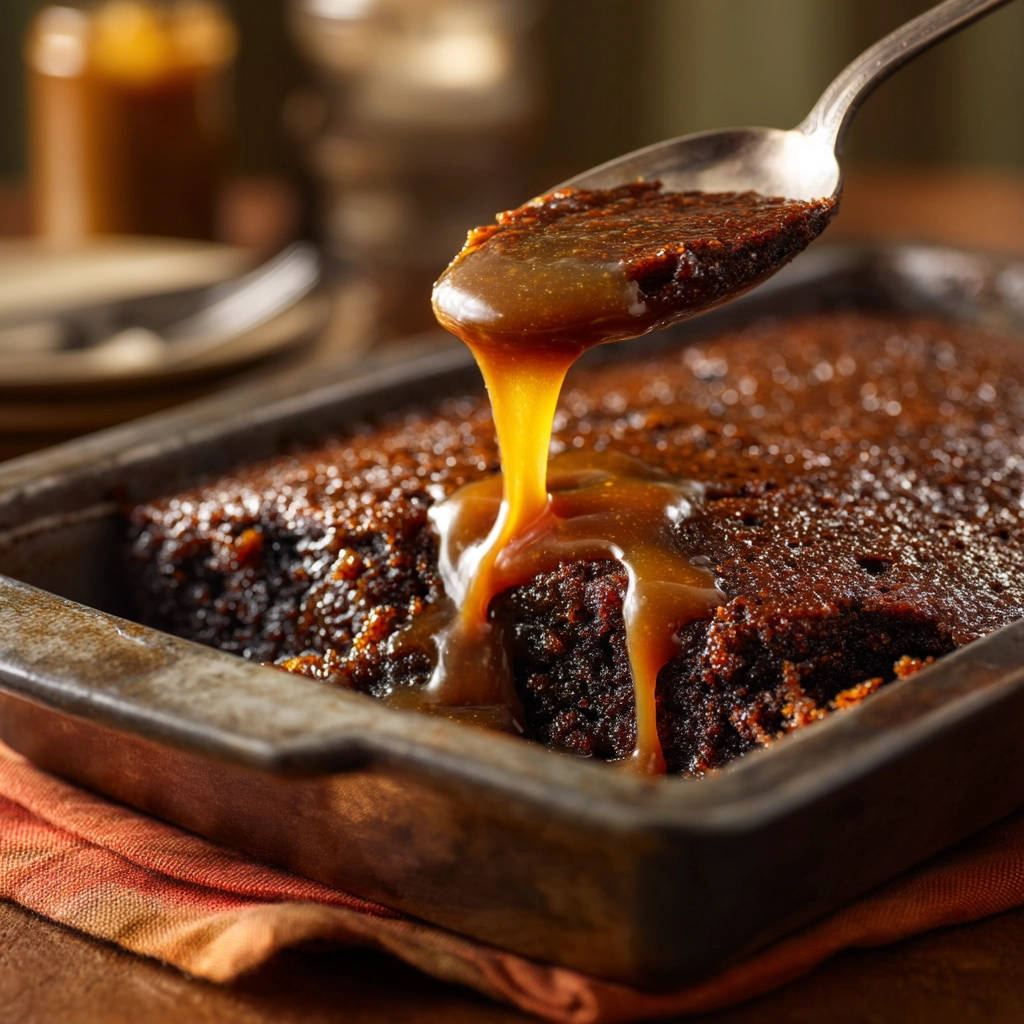 Ultimate date cake with a sticky caramel drizzle being poured from a spoon.