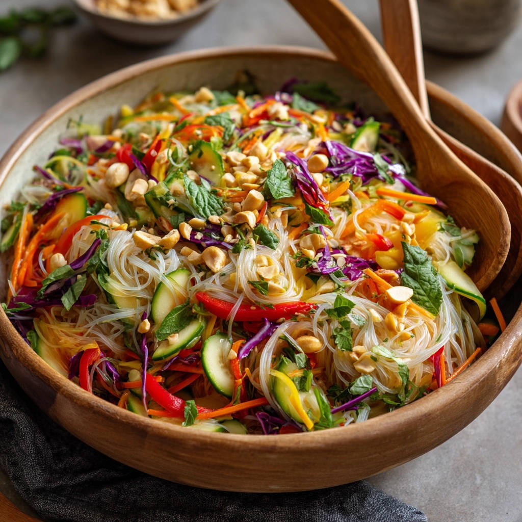 Vibrant noodle salad in a wooden bowl, featuring a close-up view of the colorful ingredients and peanuts.