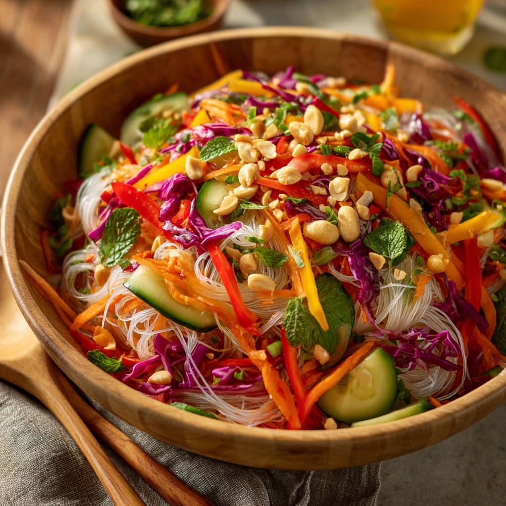 Vibrant noodle salad close-up in a wooden bowl, featuring colorful vegetables and peanuts.