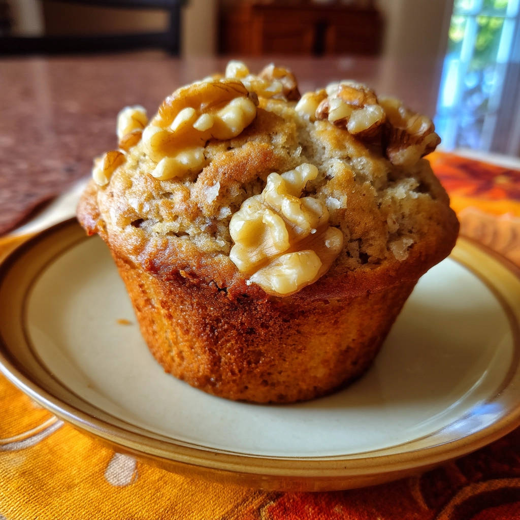 Classic walnut muffins topped with whole walnuts, showcasing a detailed view of the baked texture.