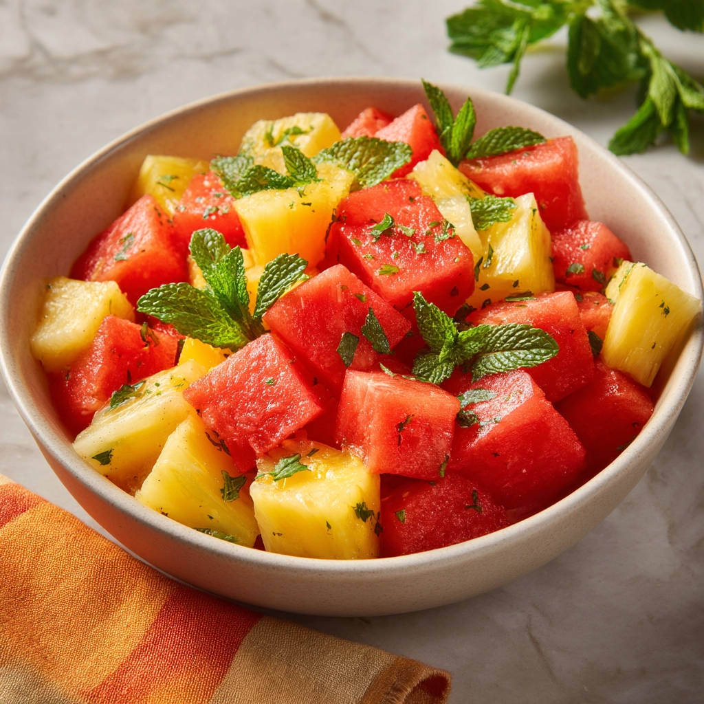 Watermelon pineapple salad in a bowl, garnished with fresh mint leaves and chopped herbs.