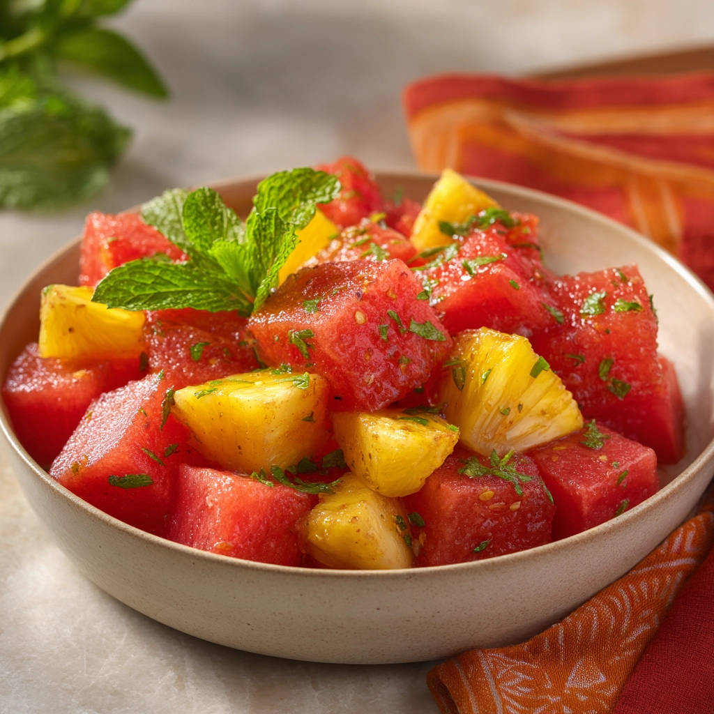 Watermelon pineapple salad close-up featuring fresh mint leaves and chopped parsley as garnish in a bowl.