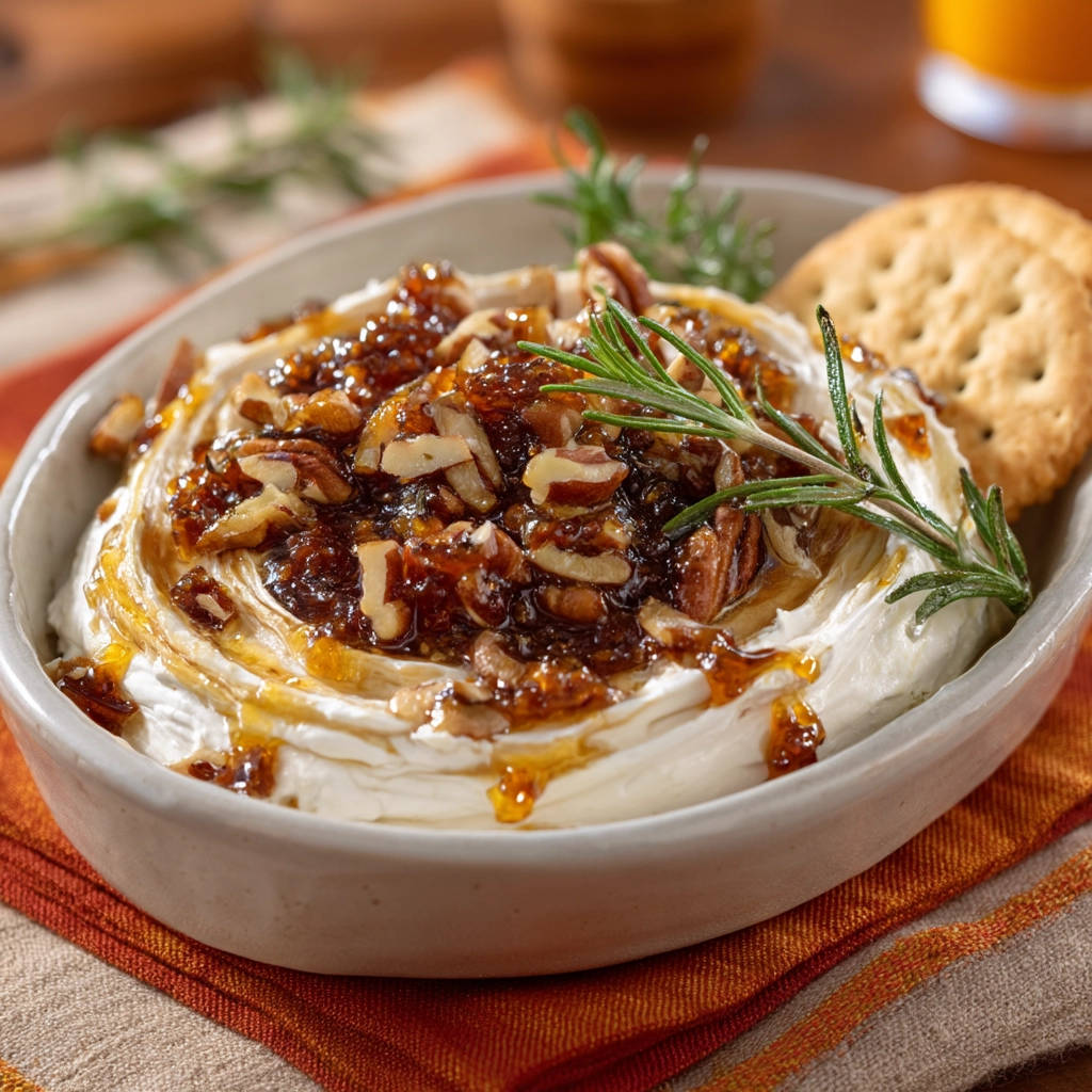 Whipped cream cheese dip topped with chopped pecans and a glistening glaze, garnished with rosemary.