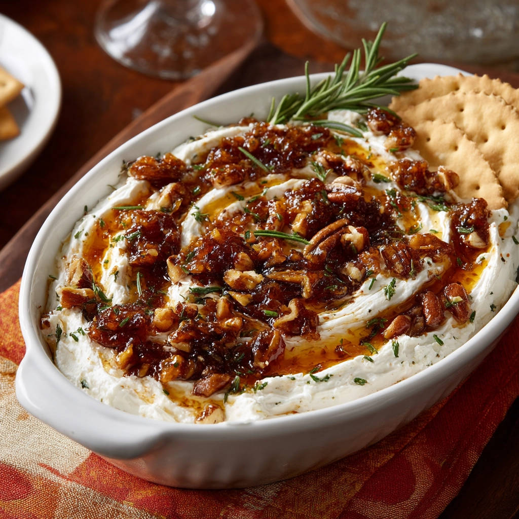 Whipped cream cheese dip with a sweet pecan and rosemary topping, drizzled with syrup and served with crackers.