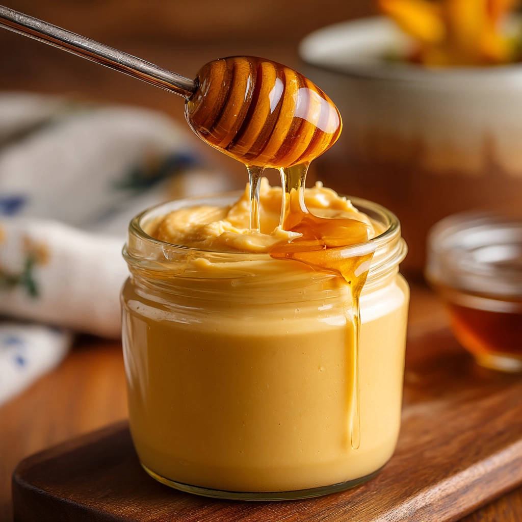 Whipped honey peanut butter with a honey dipper drizzling golden honey onto the creamy spread.