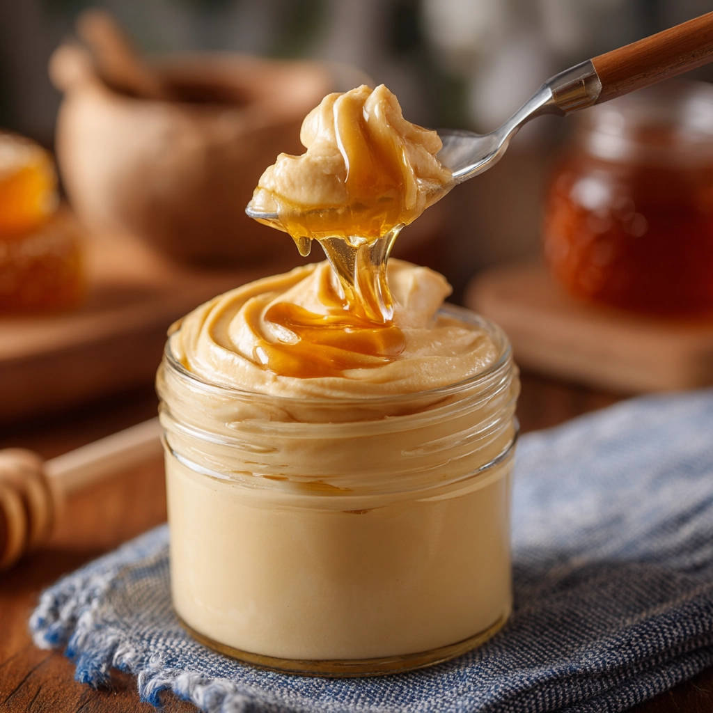 Whipped honey peanut butter with honey drizzling from a spoon onto the creamy spread in a jar.