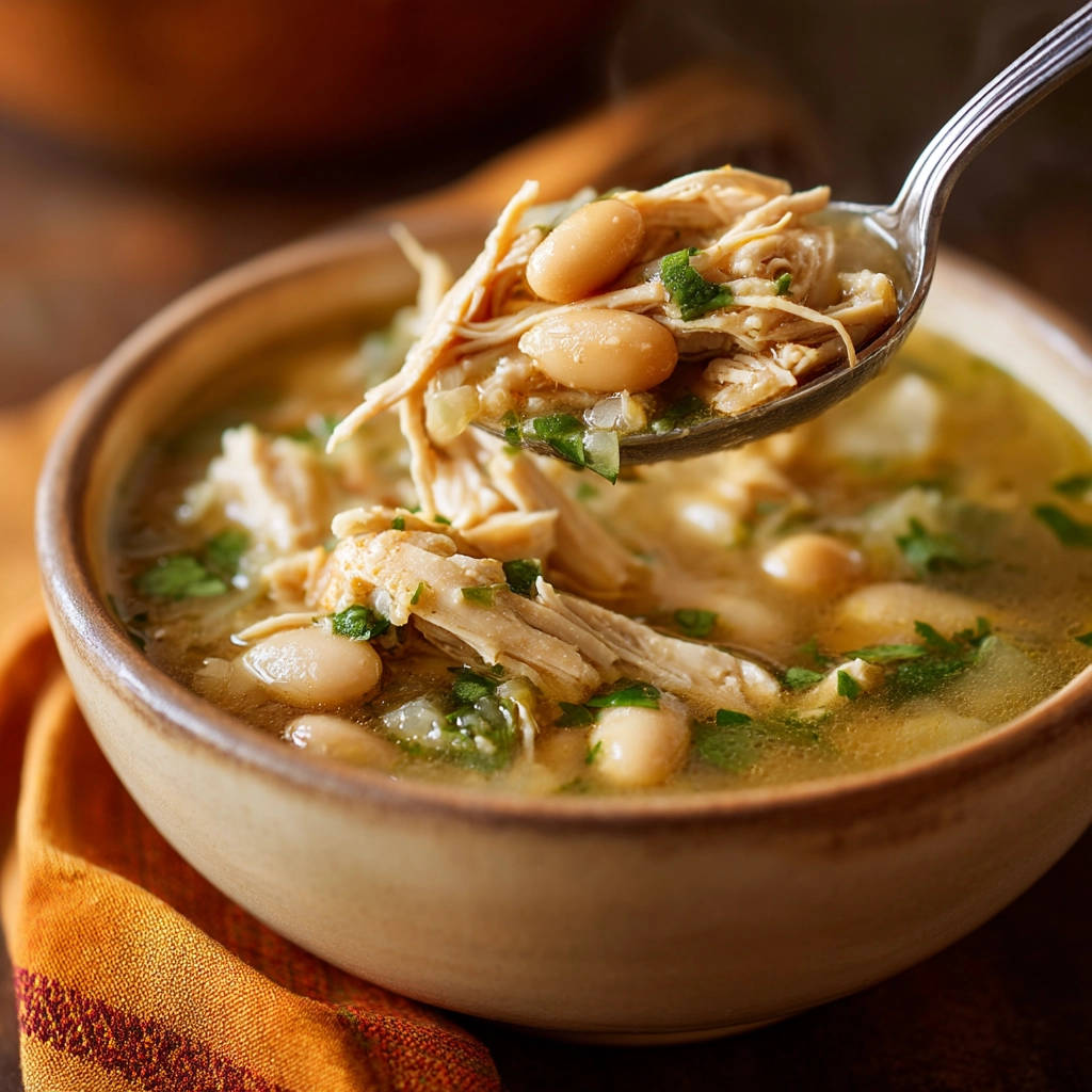 Hearty white chicken chili with tender shredded chicken and beans, shown in a close-up spoonful detail.