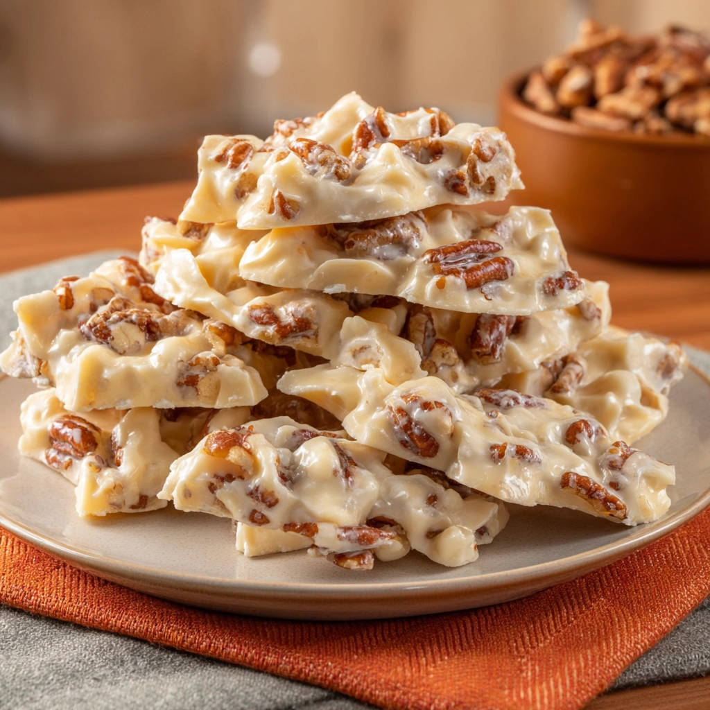 Easy white chocolate pecan clusters piled high on a plate, showcasing their textured, creamy appearance.