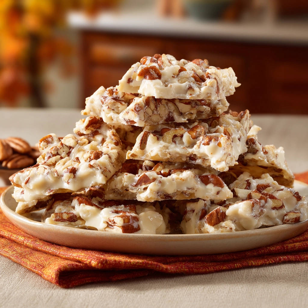 Easy white chocolate pecan clusters stacked high on a plate, showcasing their rich texture and nutty pieces.