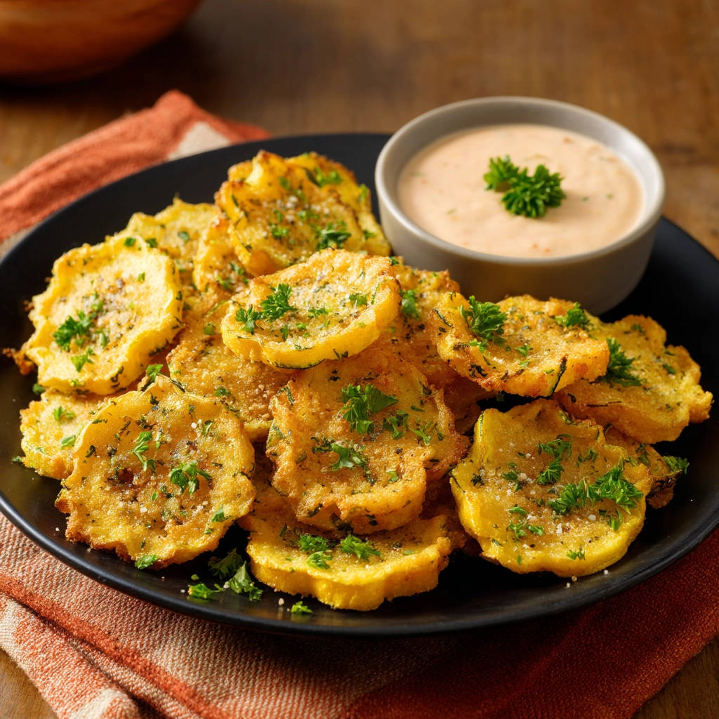 Crispy yellow squash chips are served on a black plate with a creamy dipping sauce and garnished with parsley.