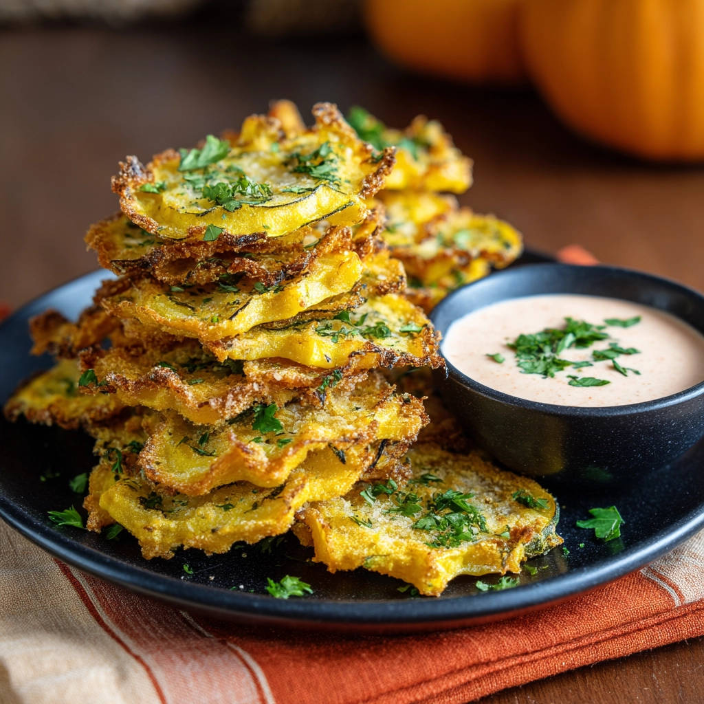 Crispy yellow squash chips are stacked high next to a bowl of dipping sauce, garnished with fresh parsley.