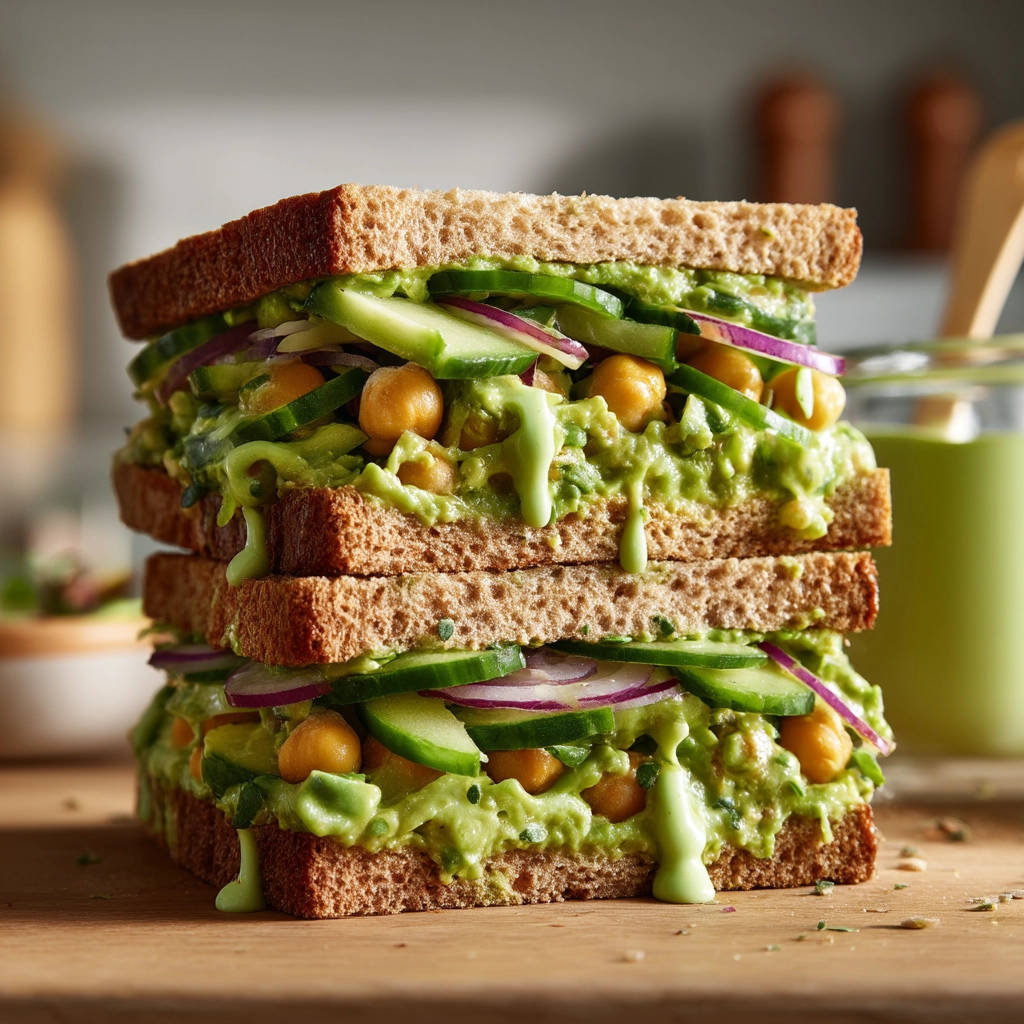 Zesty chickpea avocado sandwich shown in a stacked cross-section with layers of cucumber, red onion, and creamy avocado mash.