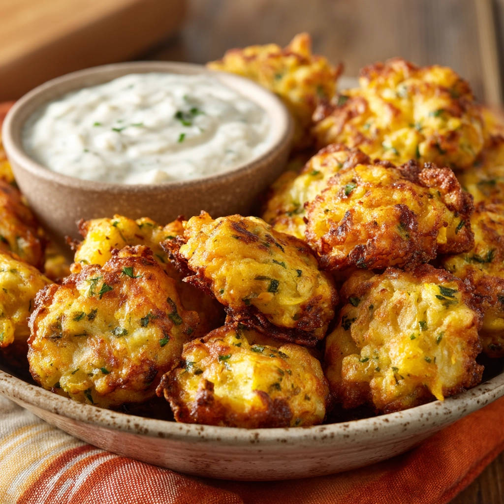 Crispy zucchini fritters served with a creamy dip in a rustic bowl, showcasing a close-up view.