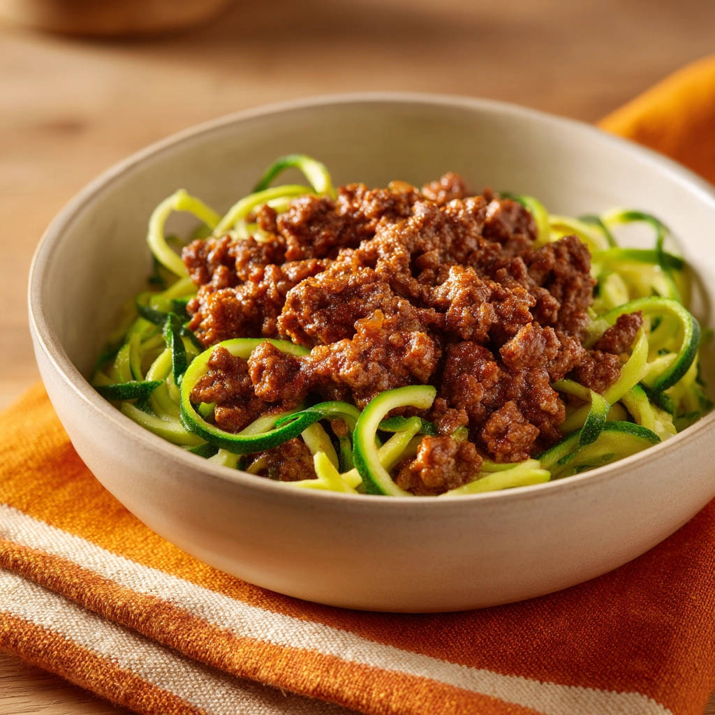 Zucchini noodles with meat sauce served in a bowl, showcasing the texture of the ground meat topping.