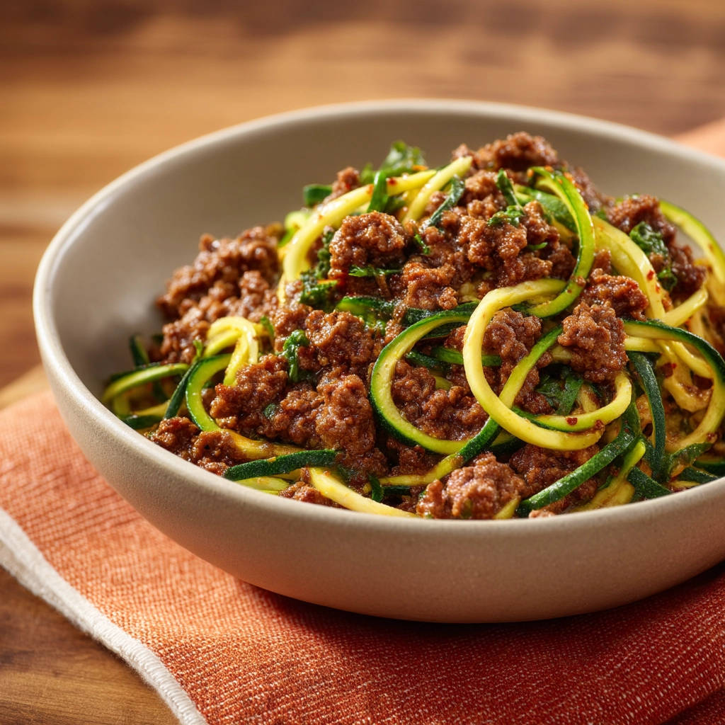 Zucchini noodles with meat sauce served in a close-up bowl on an orange napkin.