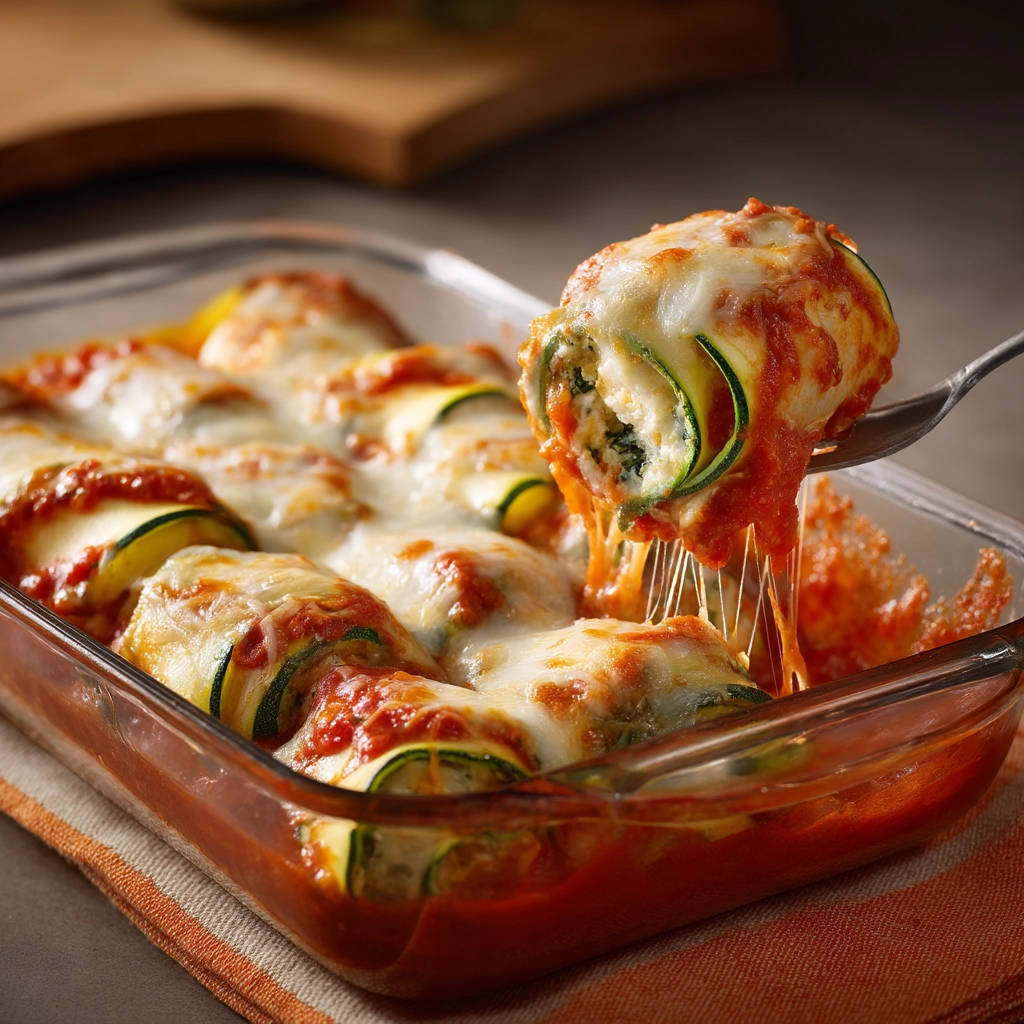 Zucchini ricotta roll-ups, with a fork lifting a cheesy bite from the baking dish, showing melted mozzarella.