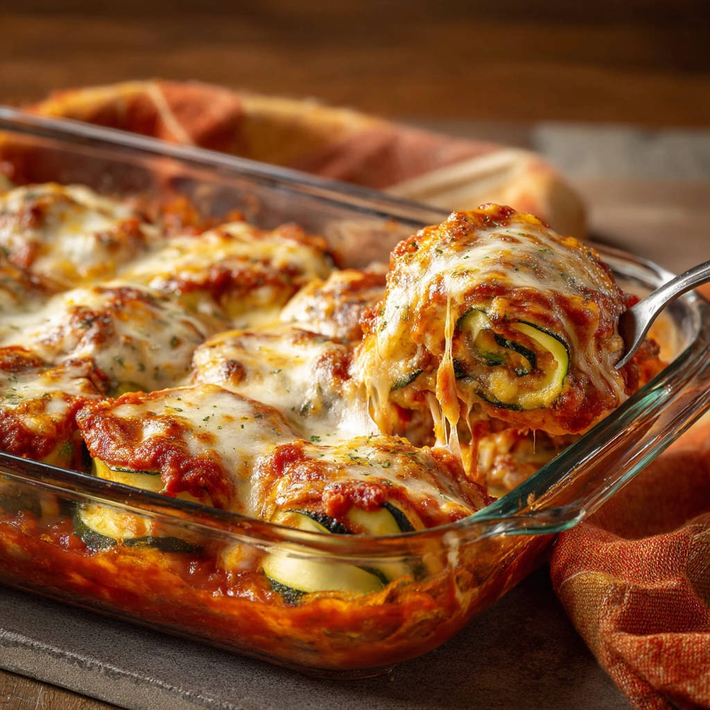 Zucchini ricotta roll-ups with cheesy tomato sauce, a serving is lifted on a fork showing the spiral interior.