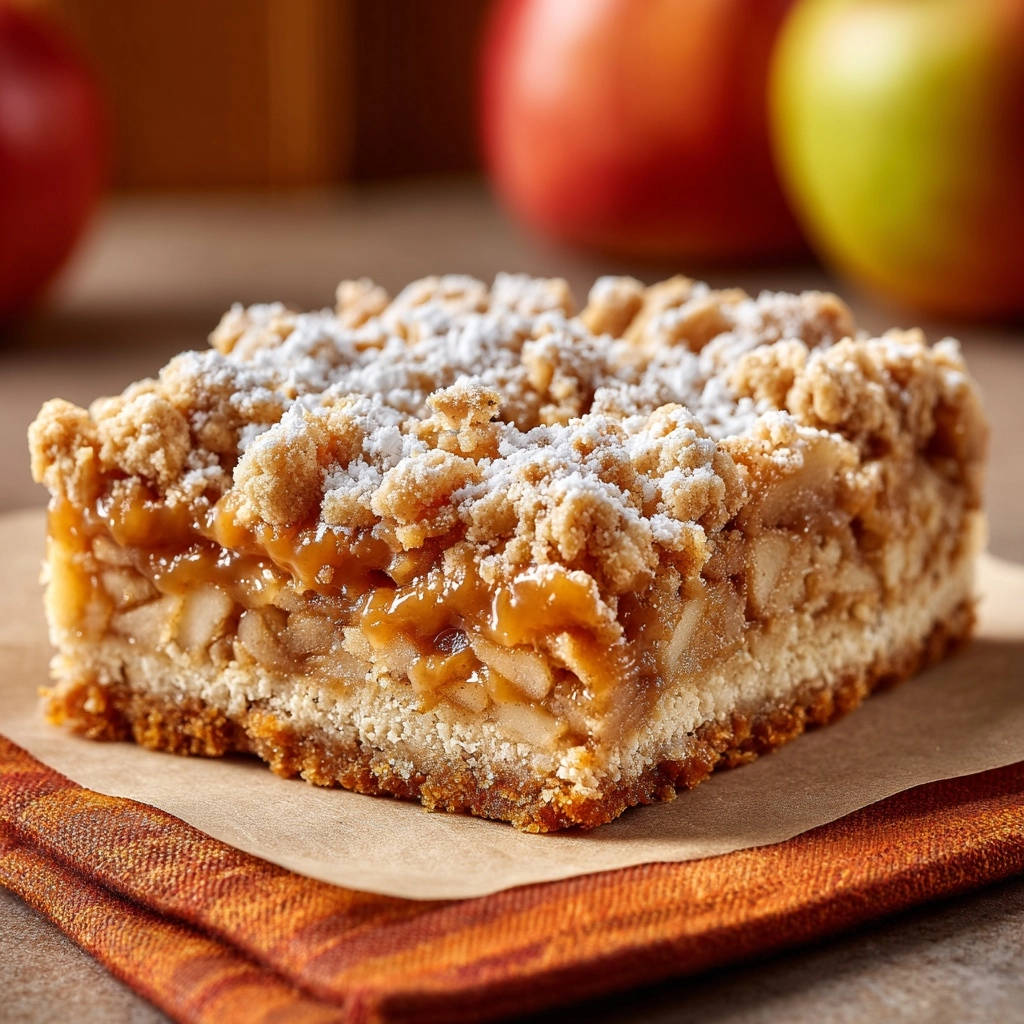 Classic apple crumble bars close-up cross-section showing layers of baked apples and crumb topping dusted with powdered sugar.