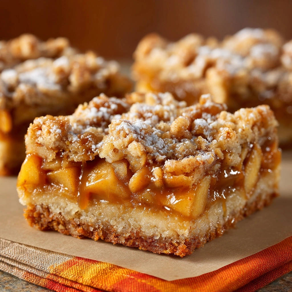 Classic apple crumble bars shown in a close-up cross-section revealing the tender apple filling and crumb topping.