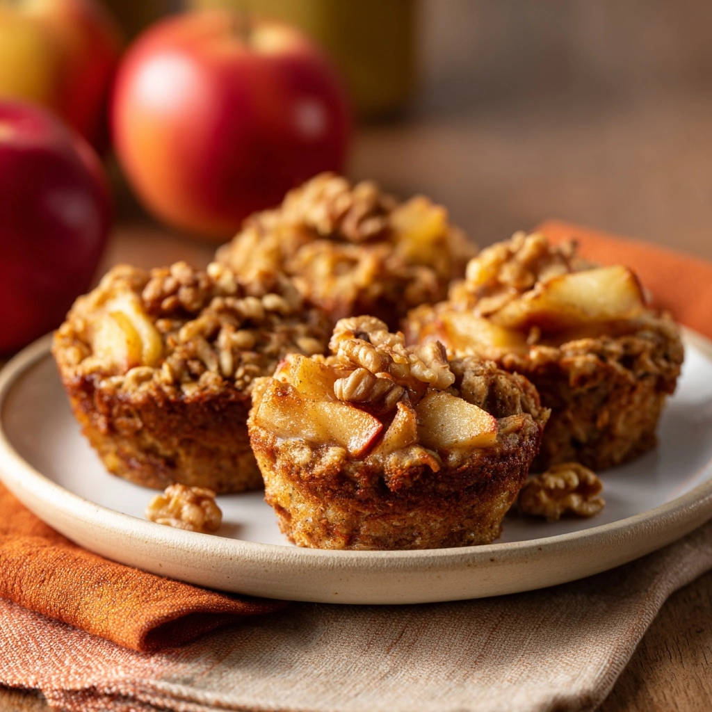 Apple walnut baked oatmeal cups are presented in a close-up view on a plate with fresh apples and walnuts.