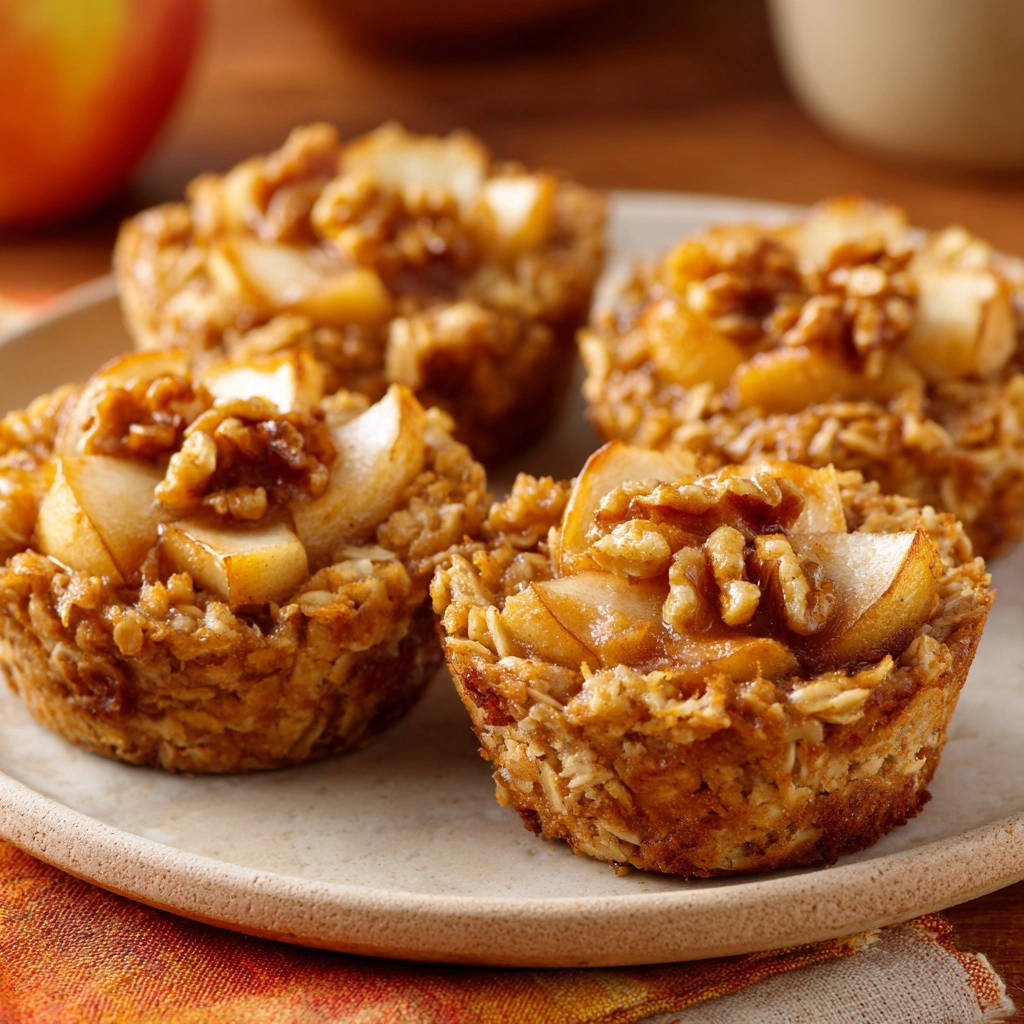 Apple walnut baked oatmeal cups plated on a beige dish with a close-up view of the toppings.