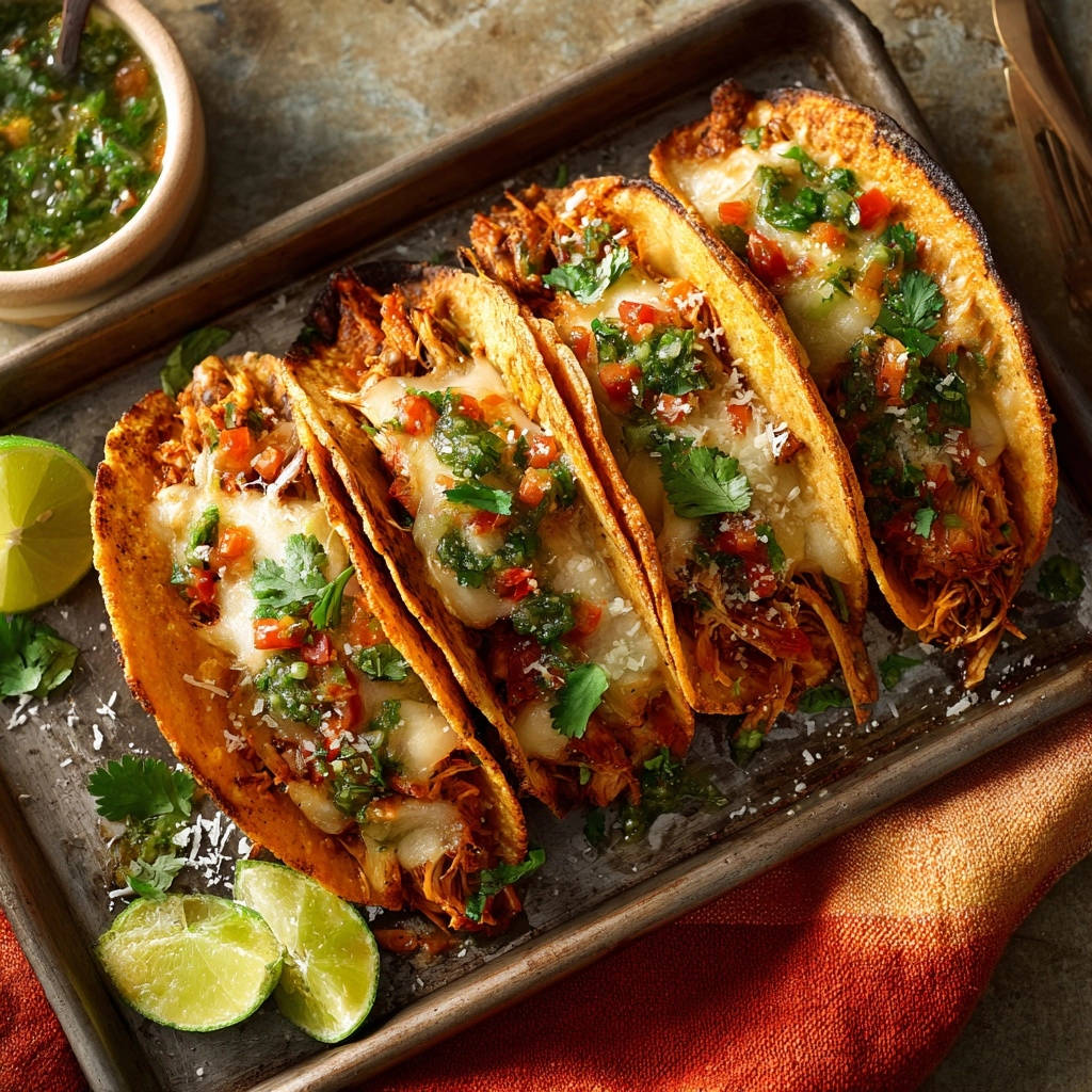 Baked chicken tacos with a cheesy filling and fresh salsa topping, presented on a metal tray.