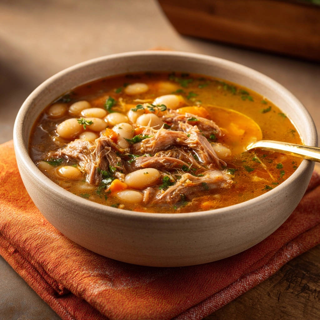Hearty beef & bean soup with tender shredded meat and white beans in a rustic bowl, close-up view.