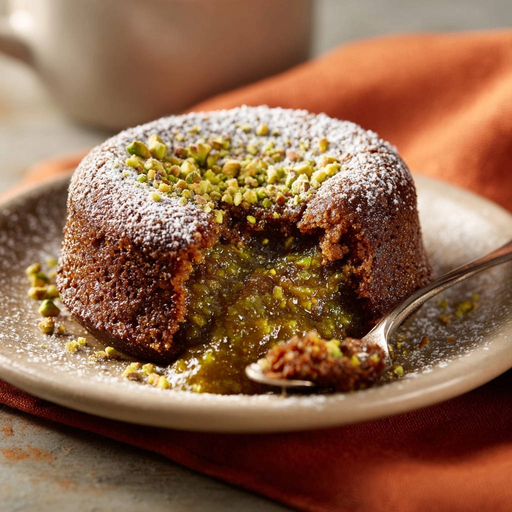 Easy Chocolate Lava Cake with a gooey pistachio center, dusted with powdered sugar and pistachios.
