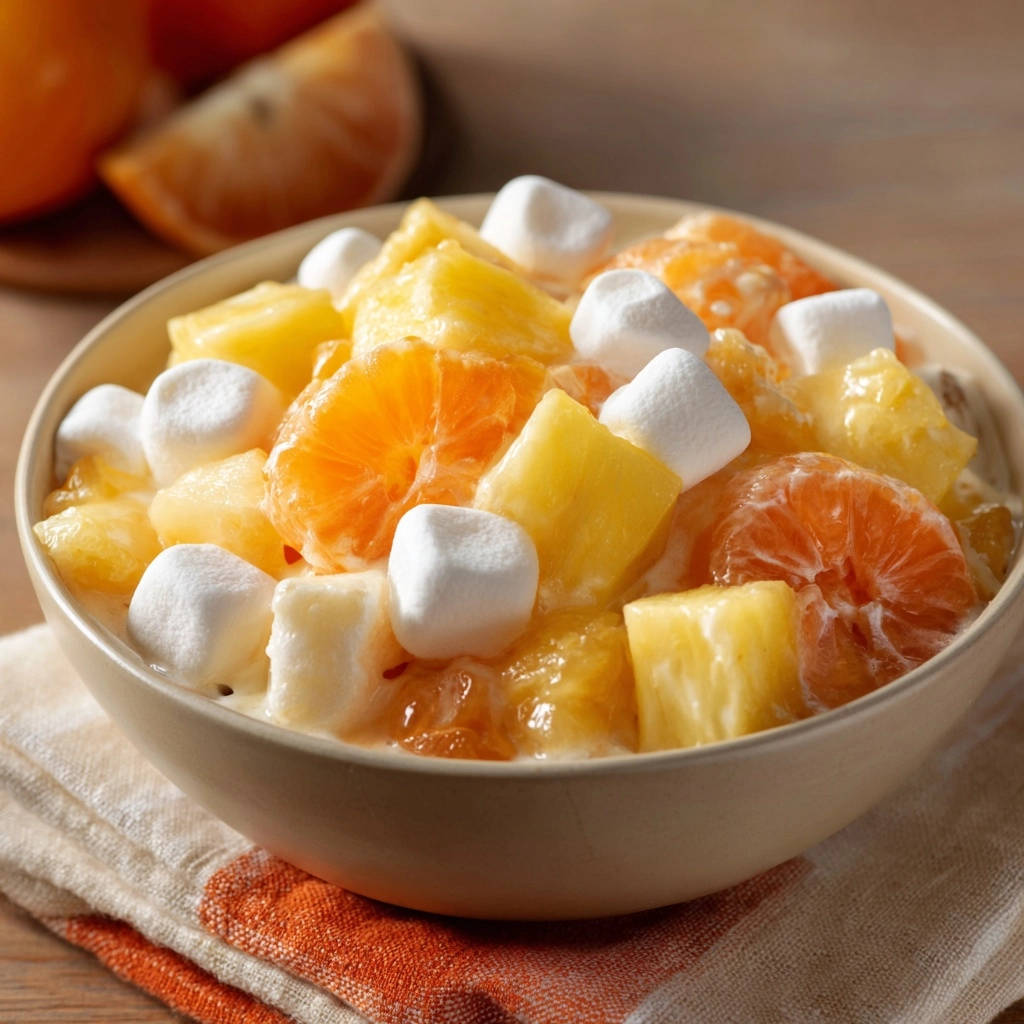 Creamy fruit and marshmallow salad close-up in a bowl, showing pineapple and mandarin orange pieces mixed with marshmallows.