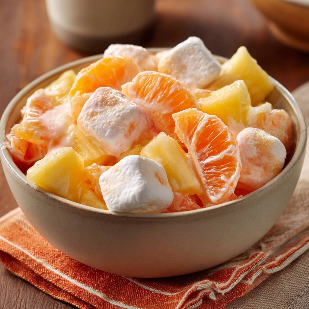 Creamy fruit and marshmallow salad shown in a close-up view of a serving bowl with mandarin oranges and pineapple.